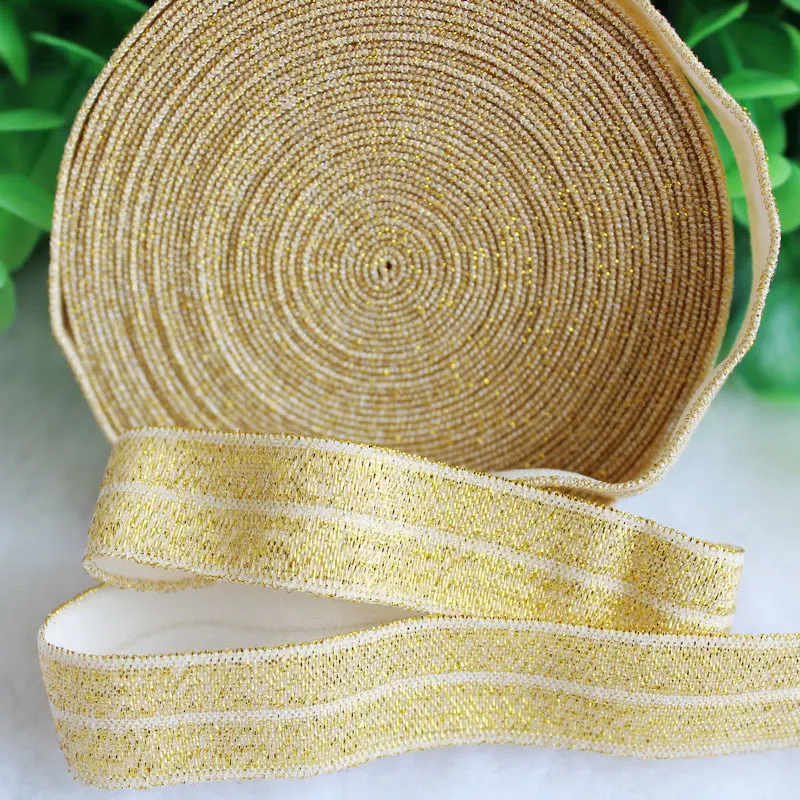 5/8'' 16mm 50 yards gold glitter thread fold over elastic ribbon foe