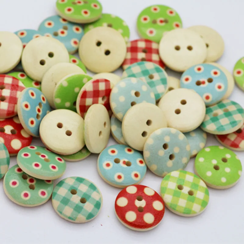 

10pcs 15mm Random Color Dots Plaids Round decorative wooden buttons sewing scrapbooking accessories wood button for clothes51070