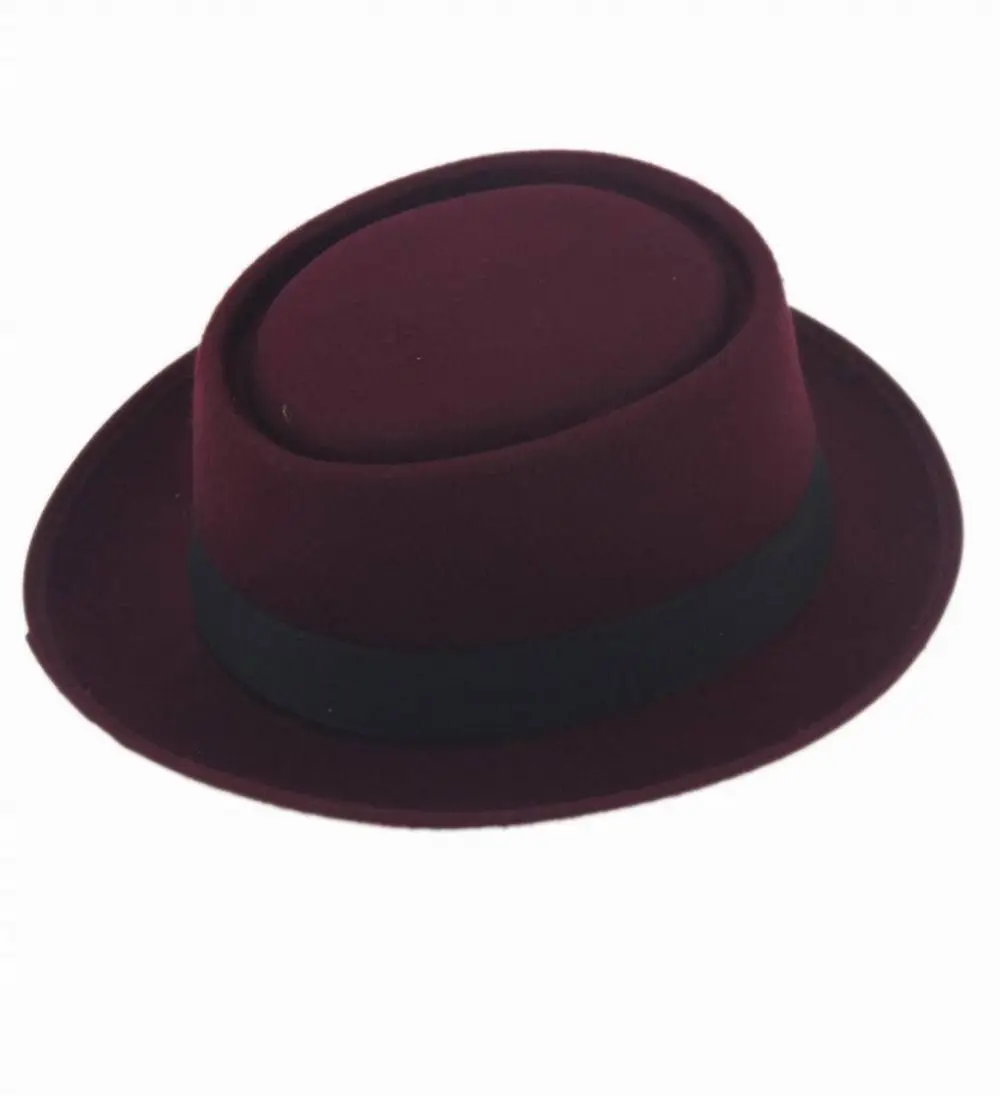 Новая модная классическая фетровая Кепка унисекс из свинины и порки, кепка с подъемом, шляпы с короткими полями, черная лента - Цвет: Wine red