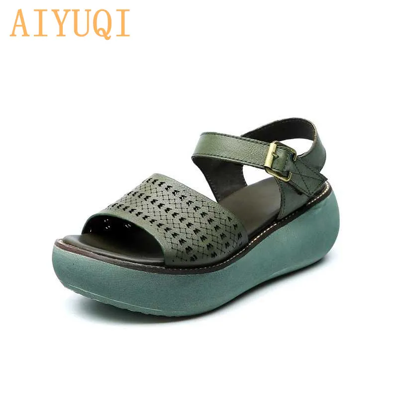 AIYUQI/женские босоножки на платформе; Туфли на танкетке; Новинка года; женские босоножки из натуральной кожи с открытым носком в стиле ретро; женская летняя обувь - Цвет: green