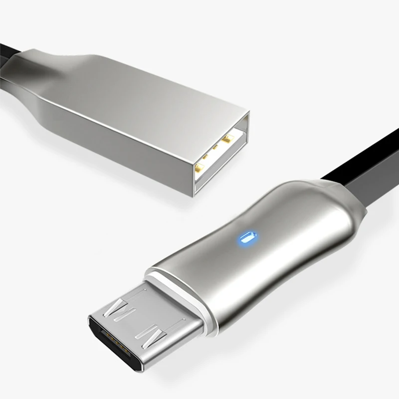 

USB Micro Cable Extension Cable LED Light 2.1A Fast Data Sync Charging Cable For Xiaomi Android Adapter Charger Cable Zinc Alloy