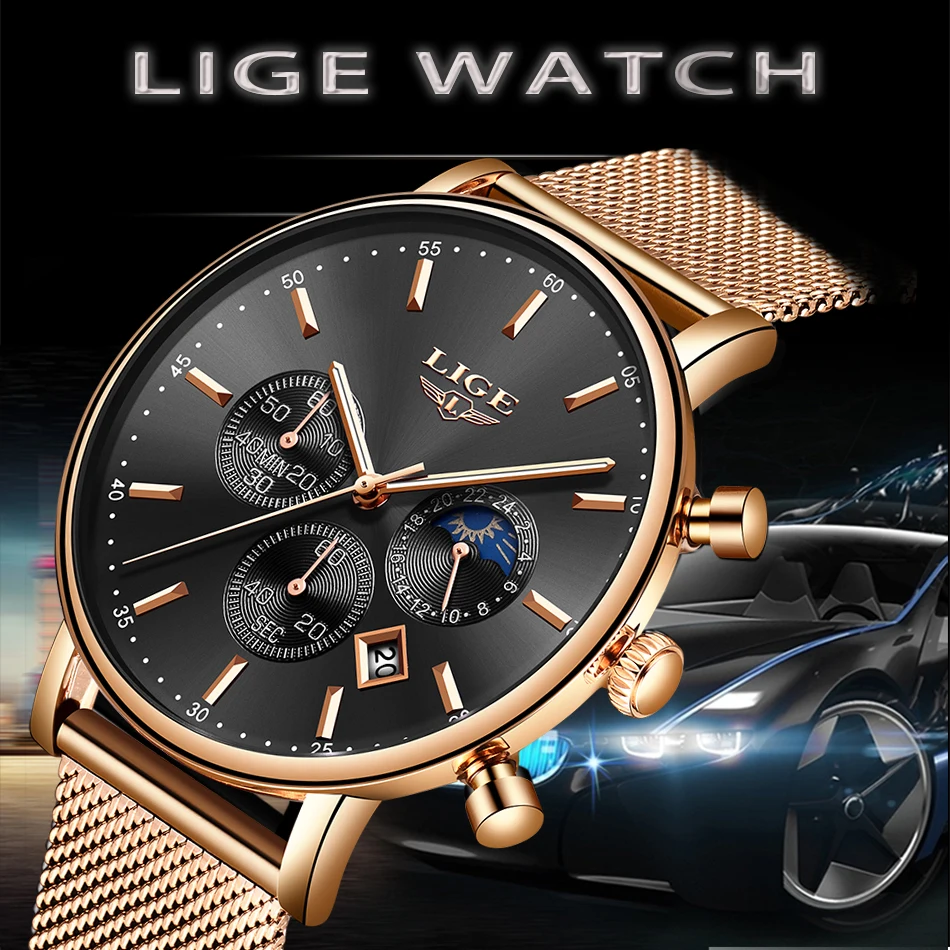 LIGE новые мужские часы Топ бренд класса люкс модные ультра тонкие кварцевые часы мужские Moon Phase бизнес часы водонепроницаемые часы с календарем