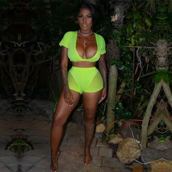 

Sexy Solid Set Deep V-Neck Crop Top Shorts Grid Two Piece Suit Casual 2019 New Women Short Sleeve Hollow Out Beach Outfits