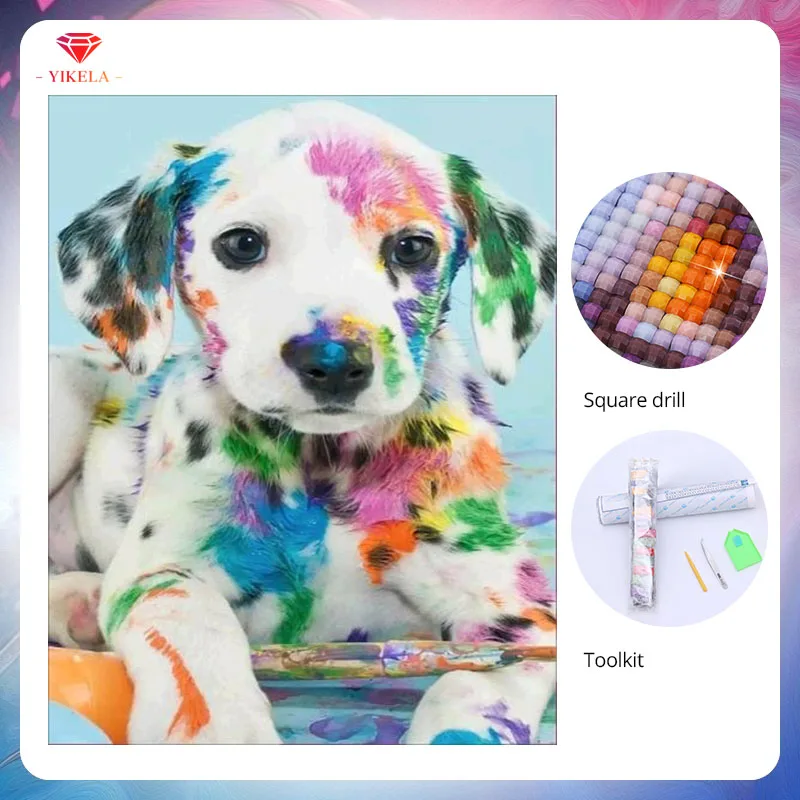 

YIKELA DIY Diamond Painting Embroidery Full Drill Painting Needlework 5D Mosaic Colorful Dog Painting Cross Stitch Wall Sticker