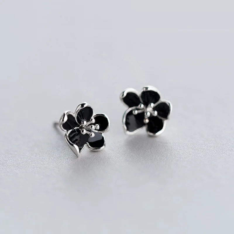 

Silver Poetic Black Cherry blossoms Flowers Stud Earrings For Women Retro Compatible with Original 925 Sterling Jewelry