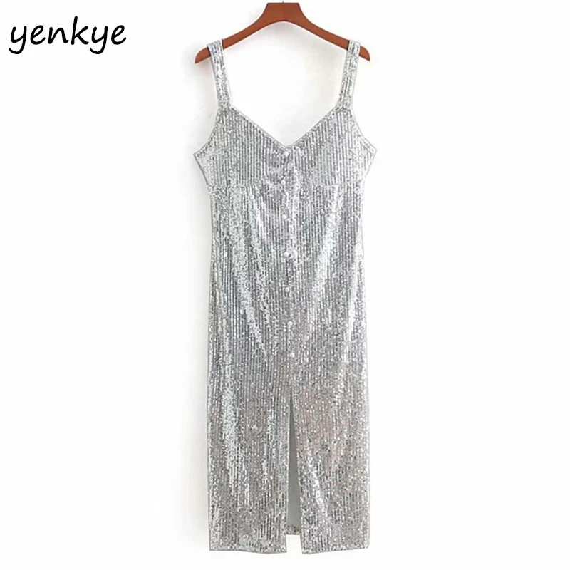 

2019 Women Sexy Club Party Sequin Dress Lady V Neck Sleeveless Backless Midi Sling Dress CCWM8963