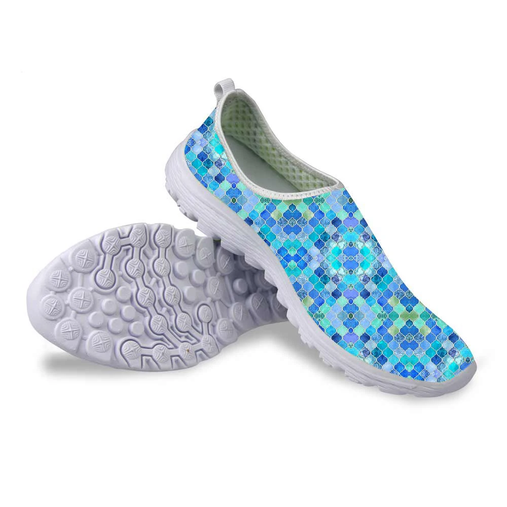

Women Autumn Summer Mesh Shoes Slip-on Light weight Breathable Casual Shoes 3D Vintage moroccan on blue Print Beach Flats Shoes