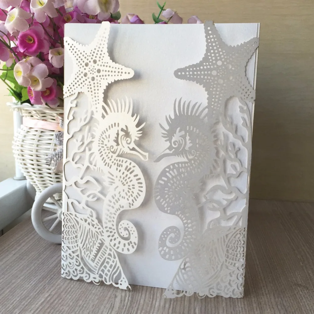 Carte D Invitation En Papier Brillant Decoupe Au Laser Et Cheval De Mer Carte De Remerciement Pour Anniversaire Theme De Plage Mariage 50pcs Aliexpress