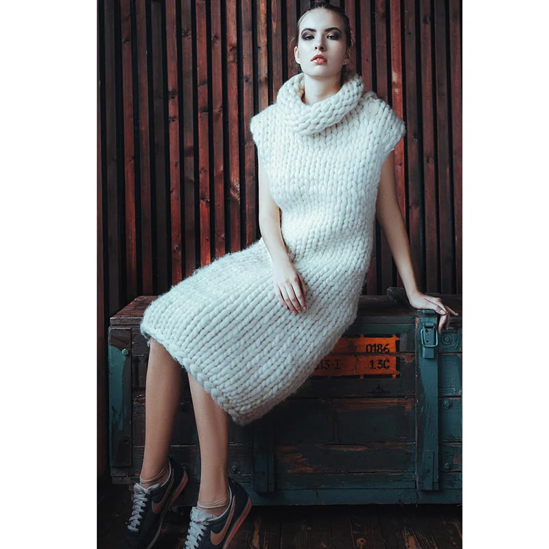 

Winter pure hand-made long sweater vest 5XL Large size Sweater Thick Warm White Sweater Super chunky Turtleneck sweater dress