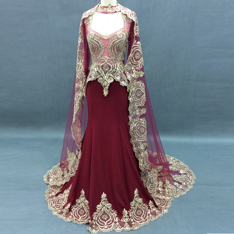 Burgundy Mermaid Evening Dresses Long 2019 Gold Embroidery Beading With Cape Long Sleeves Muslim Formal Party Evening Gown