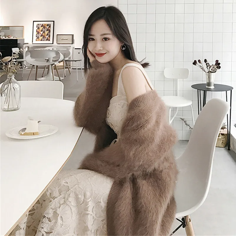 Зимний Корейский Бутик норковый кашемировый кардиган свитер женское длинное пальто утолщенное JN773