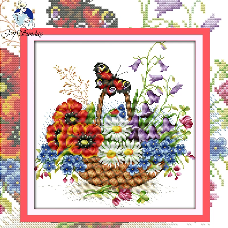 

JOY SUNDAY,Needlework,DIY DMC Cross stitch,Sets For Embroidery kit Flower baskets and butterflies home decoration Counted Cross