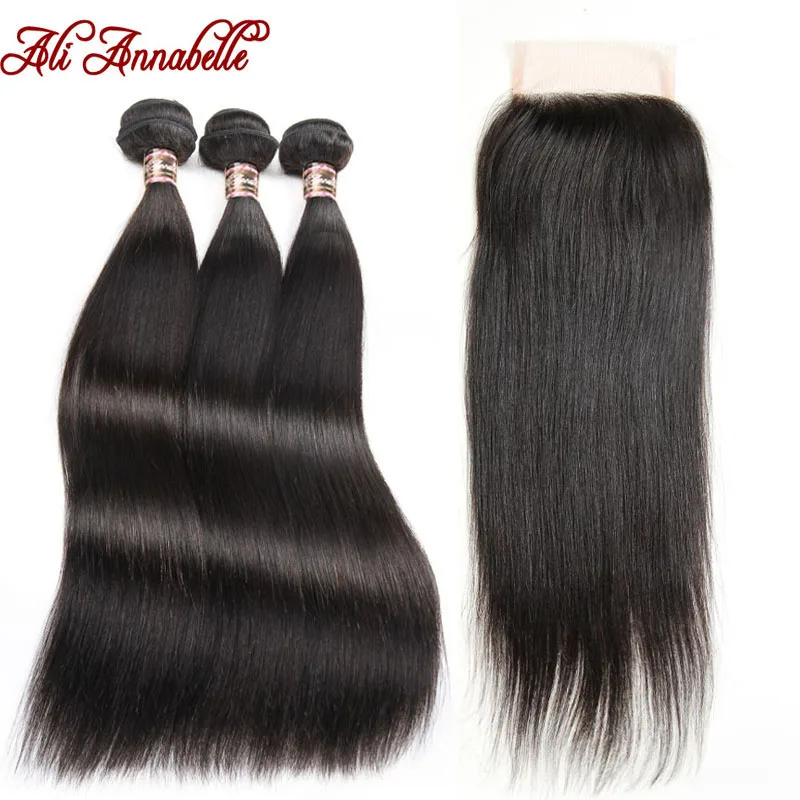 

ALI ANNABELLE HAIR Straight Peruvian Hair Bundles With Lace Closure 3 Bundles Remy Hair Weaves 100% Human Hair Bundles
