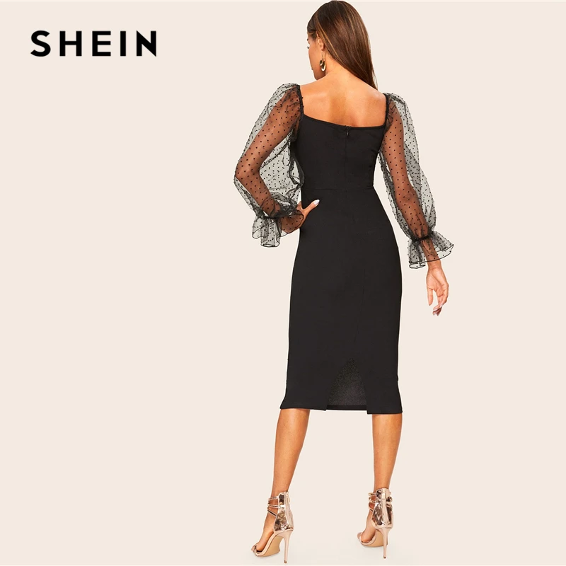 SHEIN Платье-Карандаш С Оригинальным Рукавом И Сетчатой Вставкой Сексуальное Платье Женские Элегантные Осенние Длинные Платья