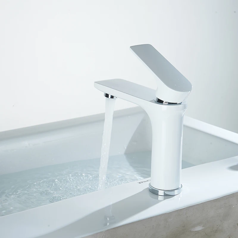 Modern White Bathroom Basin Faucet Chrome Finish Single Handle Deck Mounted Faucet Black Hot And Cold Water Mixer Sink Tap 88311