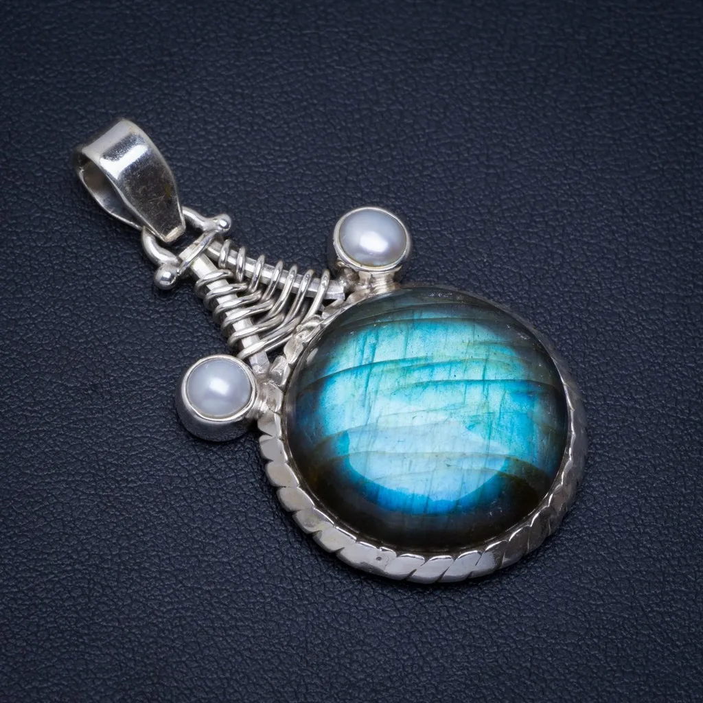 

Natural Blue Fire Labradorite and River Pearl Handmade Unique 925 Sterling Silver Pendant 1.75" A4775
