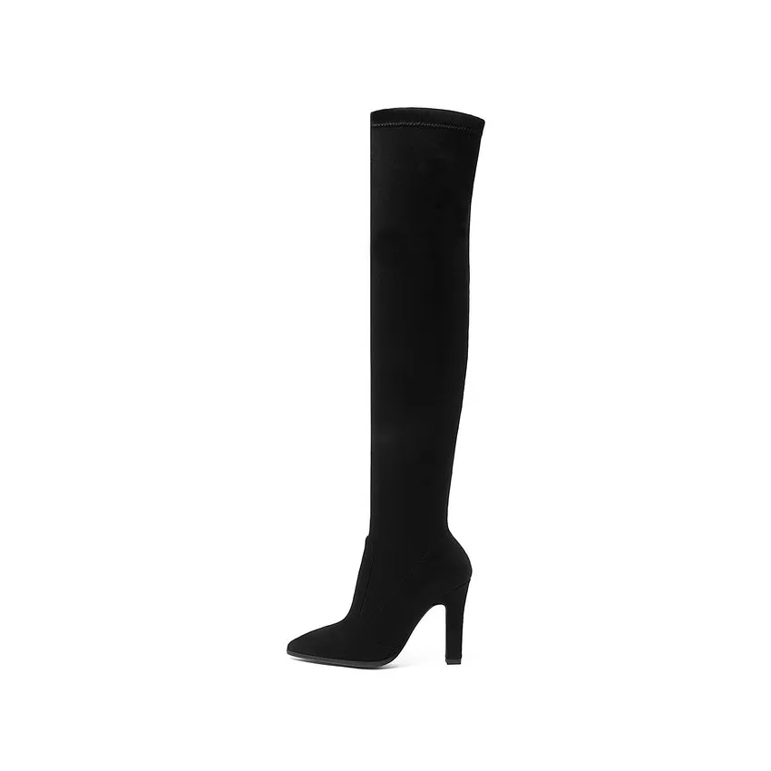 QUTAA г. Женские ботфорты выше колена зимняя обувь без застежки Универсальные женские сапоги на тонком высоком каблуке с острым носком размеры 34-43