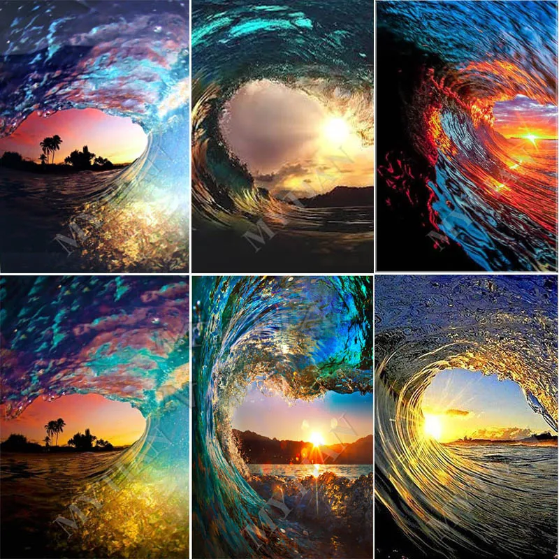 landscape diy 5D Diamond Painting Cross Stitch Full Drill resin Colored waves&ampsunset Embroidery Rhinestones mosaic decor | Дом и сад