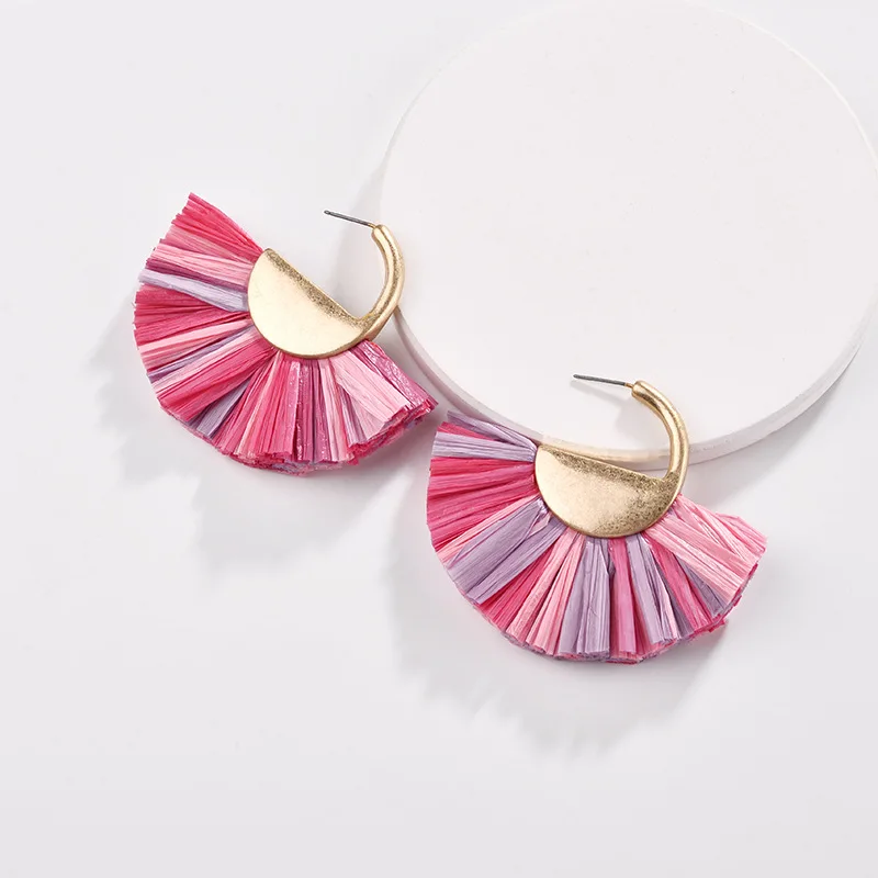 Fashion Women Fan Fringe RAFFIA STRAW Drop Hoop Statement Drop Earrings