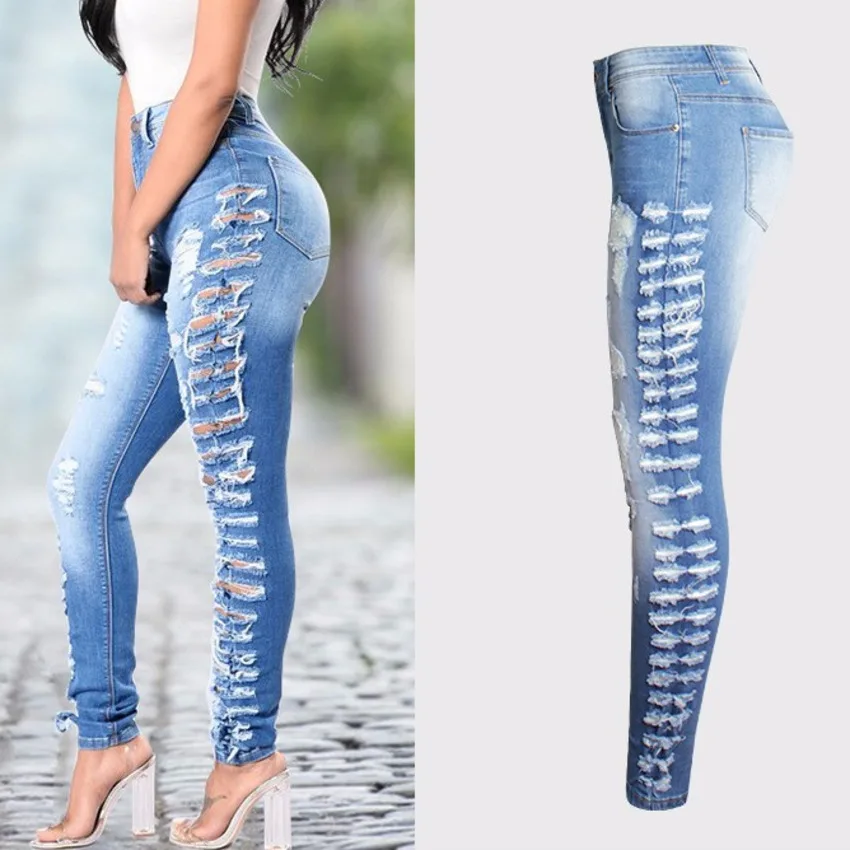 Women High Waist Summer Pencil Skinny Jeans Female Ripped Hole Sexy Hot Cowboy Denim Pants Laies Blue Fashional Jean Trousers