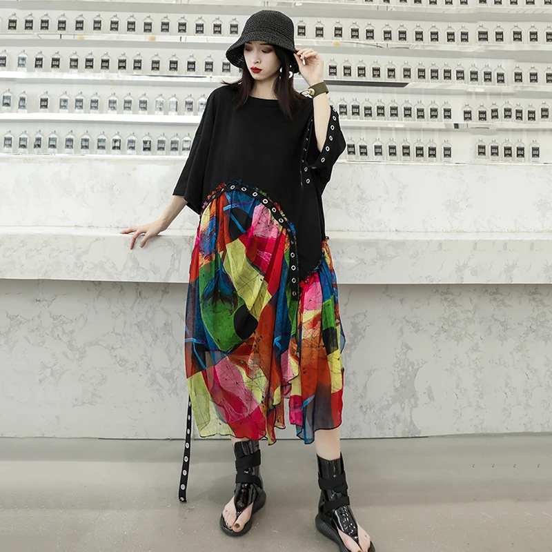 [EAM] New Spring Summer Round Neck Half Sleeve Print Pattern Bandage Chiffon Personality Big Size Dress Women Fashion JX866