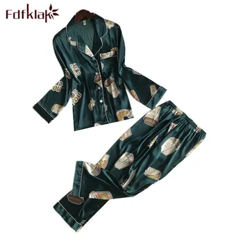 

Fdfklak Women Silk Pajama Sets Elegant Flower Print Sleepwear Women Sleep & Lounge Pyjama Femme Spring Satin Casual Home Suit