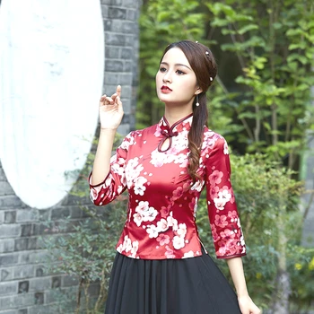 

Sheng Coco Silk Cheongsam Blouse Women Qipao Tops Chinese Style Silk Satin Cheongsam Jacket Long Sleeve Autumn Novel Shirts