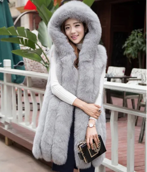 2019 Vetement Winter Women's Coat Faux Fox Fur Vest Plus Size Hooded Collar Slim Long Furry Fluffy AW327 | Женская одежда