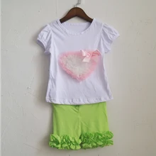 lime green child short capris and girls o-neck novelty puff sleeve tees pattern t-shirt set dress cotton and spandex outfits