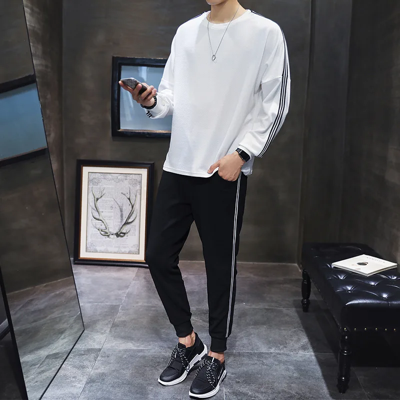 

Autumn Japanese New Sports Suit Men's Striped Casual Wear Fashion Running Sportswear Two-piece Long-sleeved Trousers