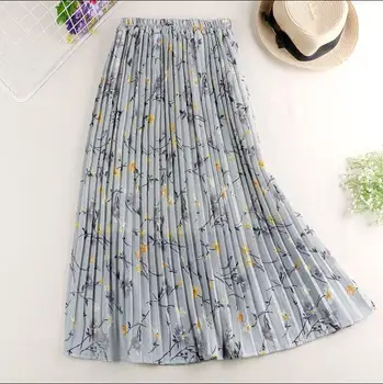 

Women skirts elastic high waist pleated skirt elegant flower print midi skirt faldas mujer moda 2019 Summer Chiffon Skirts