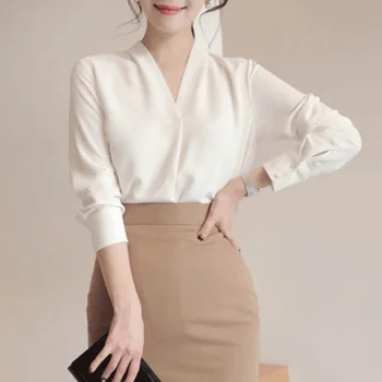 

2019 New Ladies Tops Office Chiffon Blouse Women Fashion V-neck Long Sleeve white Shirt Female Casual Spring Blusas Mujer