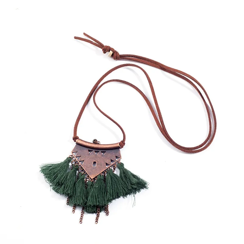 Женское этническое колье-чокер с кисточкой в стиле бохо, длинное кожаное ожерелье с цепочкой, винтажное ожерелье для женщин, ювелирные изделия для свадебной вечеринки - Окраска металла: green