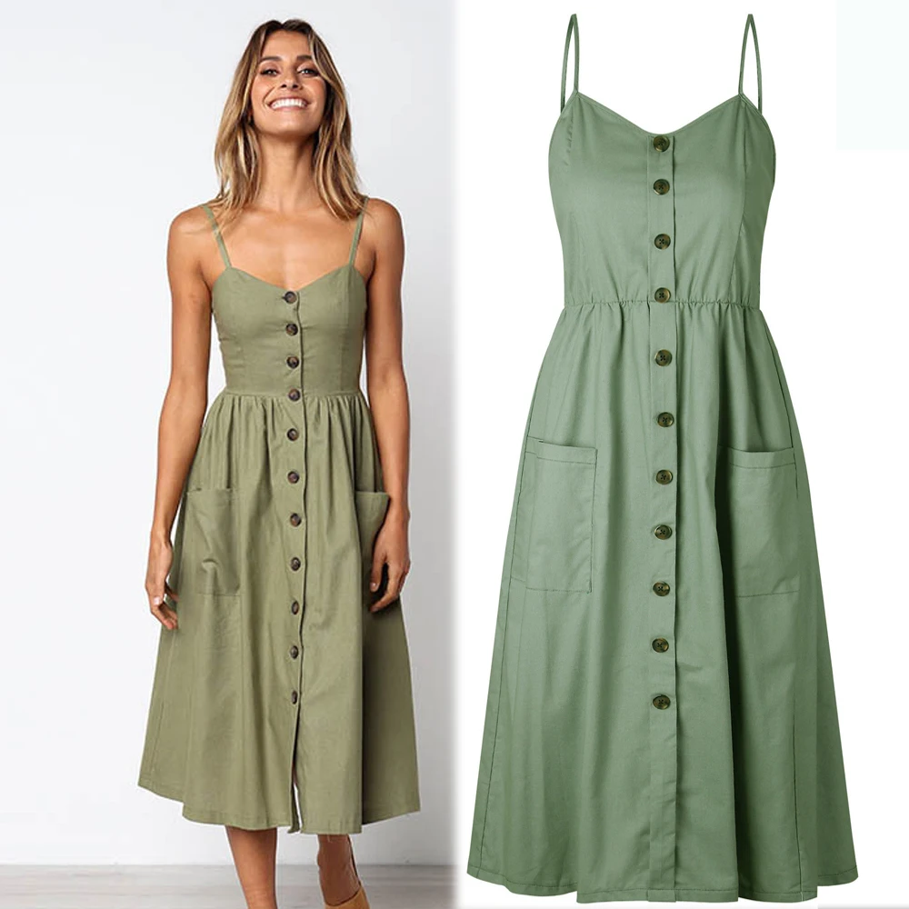 

Green Off-shoulder Party Beach Sundress Spaghetti Midi Dresses Plus Size 2019 Summer Women Strap Dress with Pockets Button Robe