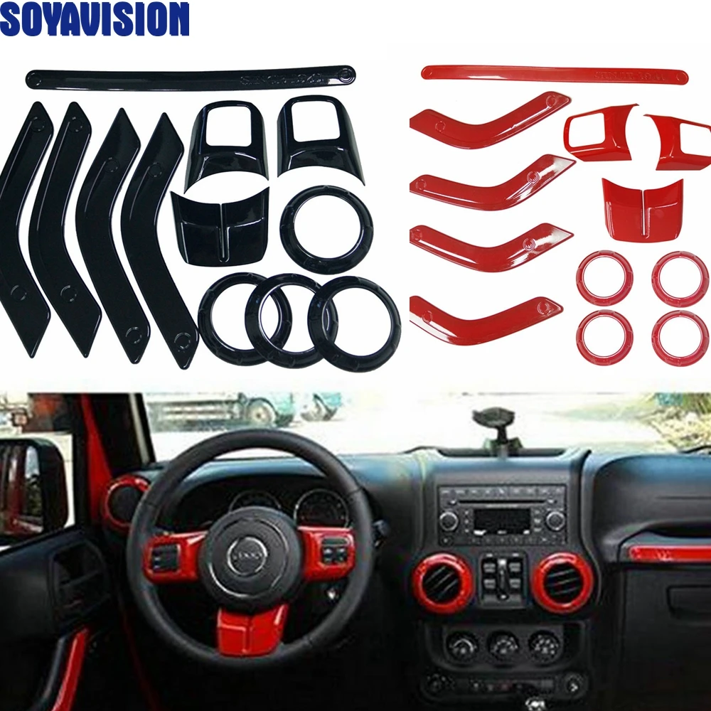 Set Interior Decoration Trim Kit including Steering Wheel & Centrer Console Air Outlet Trim, Door Handle Cover Inner, Passenger Seat Handle Trim For Jeep Wrangler 2011-2017 4door 12Pcs.jpssag
