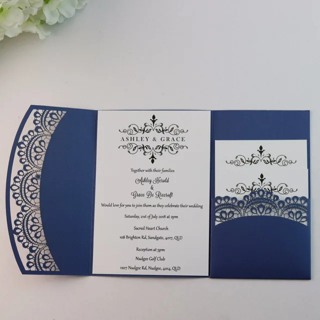 50pcs Personalized Diy Lace Pocket Fold Wedding Invitation Cards