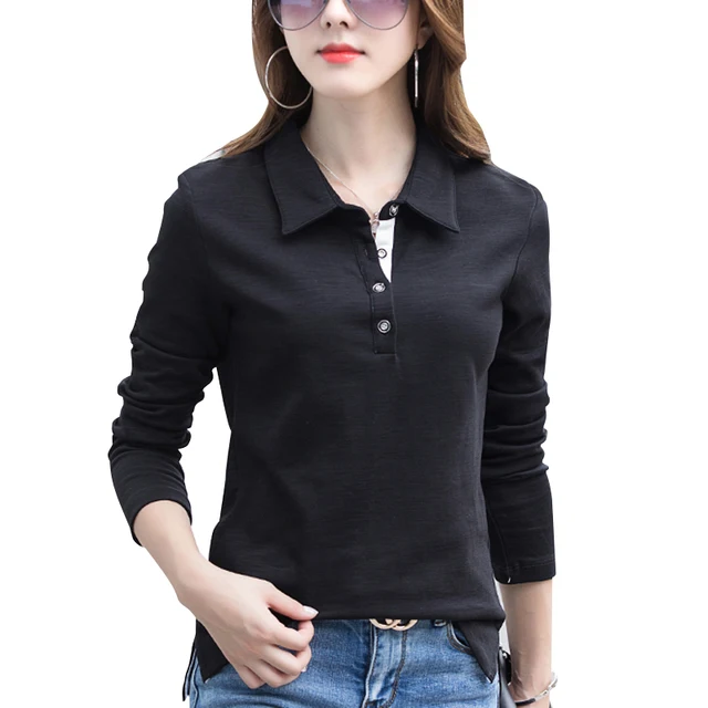 2018 women's Autumn Winter t-shirt Long-sleeve 92% cotton polo shirt turn-down collar women's top Large size 3XL 4XL