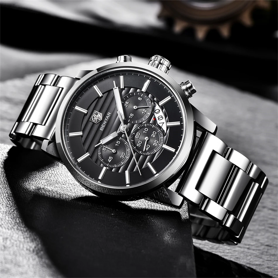 Топ бренд benyar для мужчин часы Роскошные бизнес водостойкий Спортивный Хронограф Кварцевые коричневый Золотой Мужской часы Relogio Masculino
