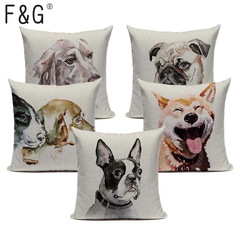 

New Design Linen Watercolor Dog Almofadas Covers 45Cmx45Cm Square Home Improvement Decorating 1 Side Printing Outdoor Pillows