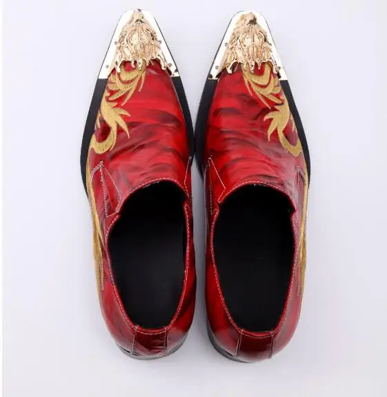 Мода Дракон вышивка оксфорды из натуральной кожи Золотой металлический носок красный Свадебная вечеринка обувь