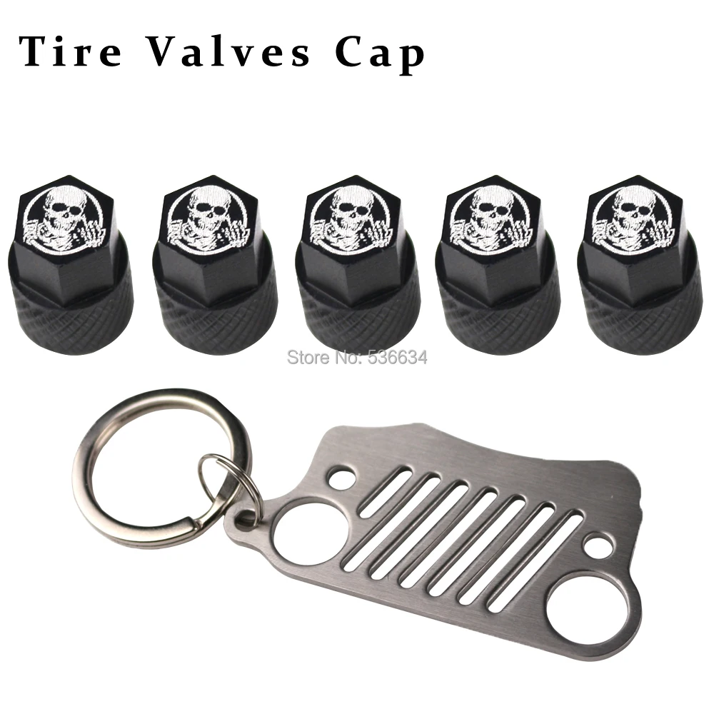 

5Pcs Aluminum Alloy Car Wheel Tire Valves Tire Valve Caps Case Stem + Key Chain Keychains Car Key Ring for Jeep, SUV