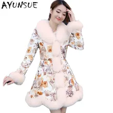 Кожаная куртка женская хлопковая стеганая куртка из искусственной кожи Куртки из искусственной лисы с меховым воротником с цветочным принтом Большие размеры HJ565