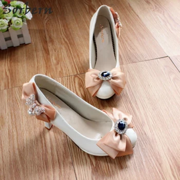 

Sorbern Champagne Satin Bow Wedding Shoes 8Cm High Heels Platform Slip On Blue Crystals Bridal Shoes Rhinestones Bridesmaid Shoe