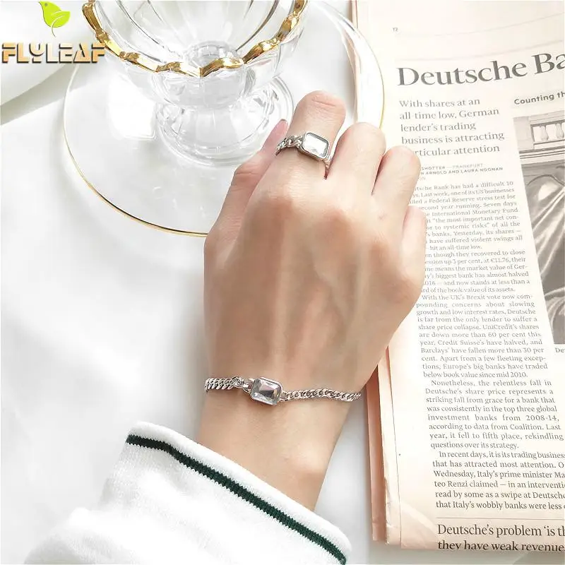 Flyleaf 925 Sterling Silver Bracelet Fashion Jewelry Charm Bracelets For Women Geometric Square Crystal Bracelets& Bangles
