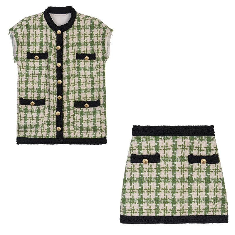 

2019 Spring Autumn Sweet Fashion Tweed 2 Pcs Set Plaid Print O-Neck Single Breasted Sock Puppet Top + Matched Mini Skirt Co-ords