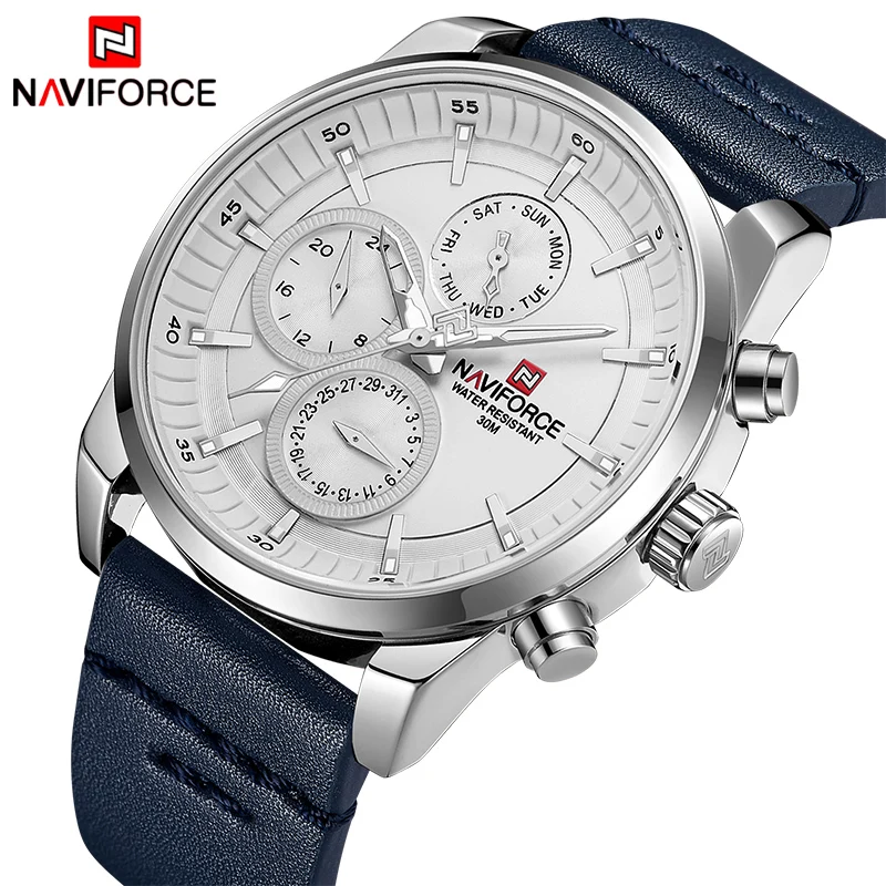 Acheter Mens Montres NAVIFORCE Top Marque De Luxe Étanche 24 heure Date Quartz Montre Homme De Mode En Cuir Sport Montre Bracelet Hommes Horloge