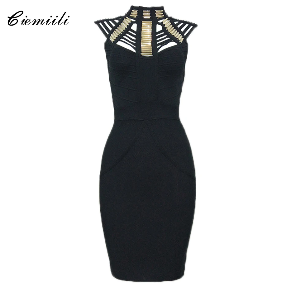 

CIEMIILI 2018 New Summer Women Sexy Bandage Dress Hollow Out Striped Turtleneck Celebrity Evening Party Bodycon Dress Wholesale