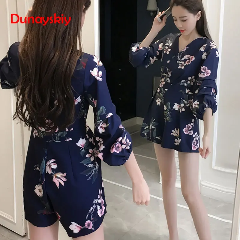 Women's V Neck Lantern Sleeve Print Playsuits Lady's Vintage Spring Summer Wide Leg Shorts Imitation Satin Jumpsuits Floral 2XL