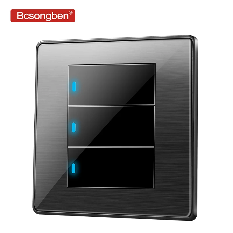 

Bcsongben standard switch push button light switch wall Black stainless steel acrylic 3 Gang 1 Way Switch AC 110-250V kd1-3k1