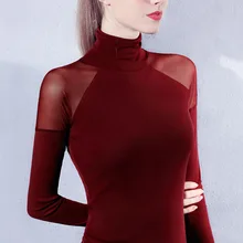 Осенне-зимние футболки с длинными рукавами и высоким воротником из сетчатой ткани женские кружевные футболки из тонкой сетки женские тонкие сетчатые Топы